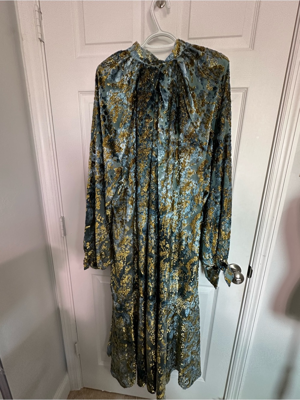 Blue and Gold Metallic Long Sleeve Midi Dress - Velvet Floral - Picture 2 of 12